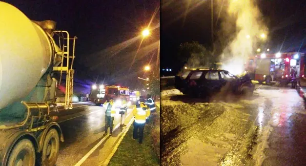 Beton mikserine çarpan otomobil yandı, sürücü öldü